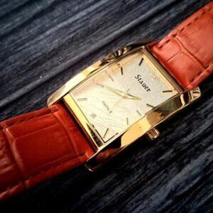 Class Stauer 26894 Tank Gold Tone Leather w/Diamond Watch